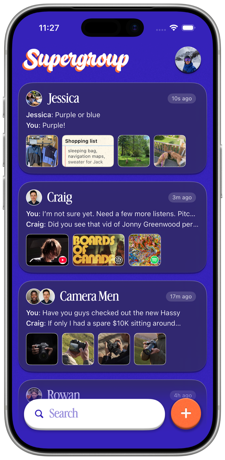 The Supergroup conversation list, showing chats with friends full of shared photos, music, and lists.