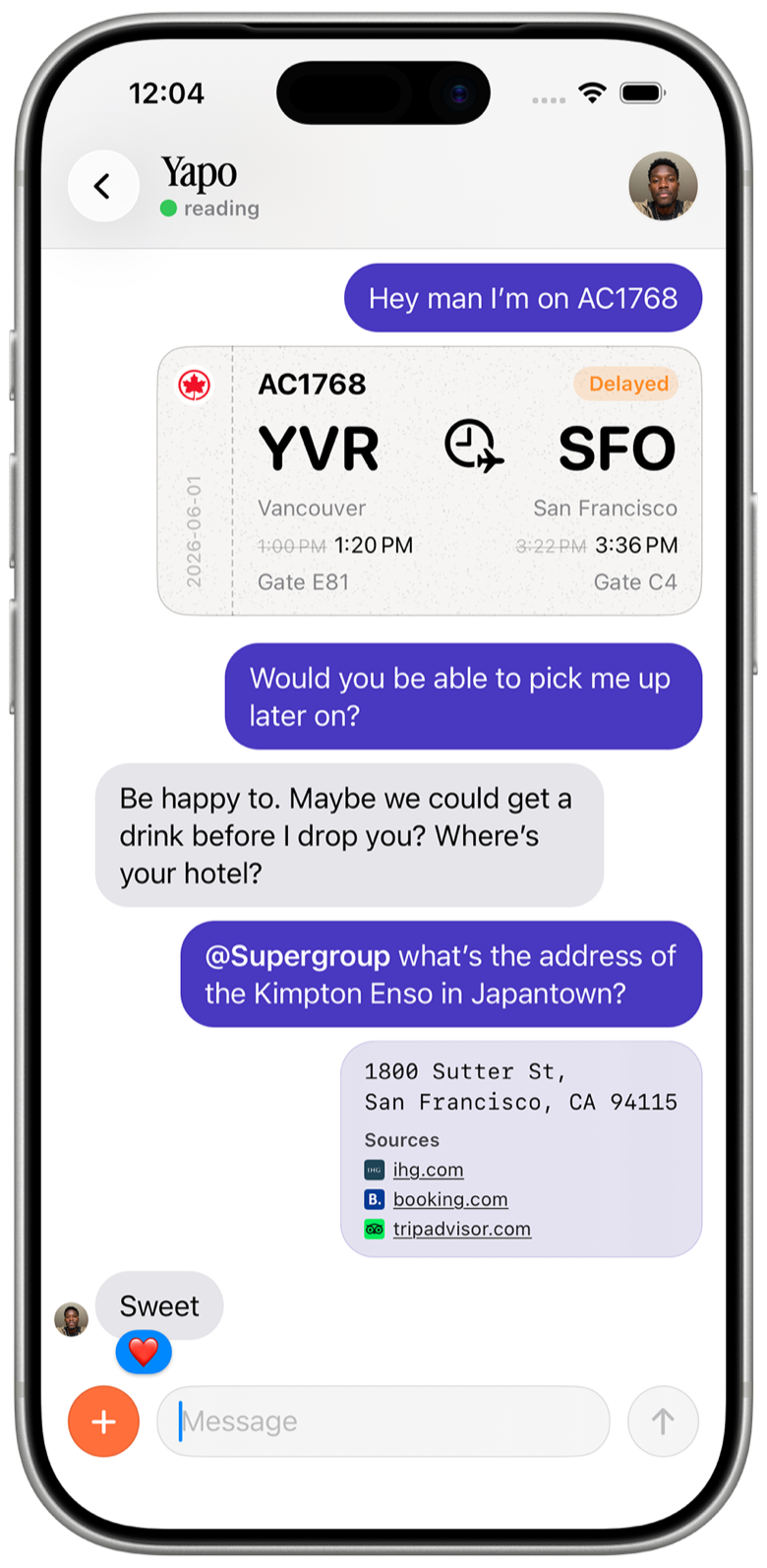 A Supergroup chat showing a live flight-status card with cited sources.